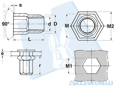 disegno tecnico Inserti filettati a testa ridotta gambo parzialmente esagonale in acciaio